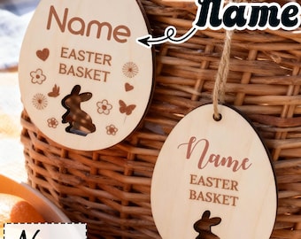 Colgantes de Pascua personalizados, etiquetas personalizadas para cestas de Pascua, adornos colgantes de madera, regalos grabados con patrones de conejo, regalos para niños