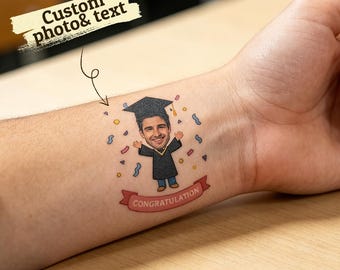 Calcomanía de tatuaje personalizada para graduación / Tatuaje temporal facial personalizado / Recuerdo para la fiesta de graduación de la Clase de 2026 / Regalo de felicitación para graduados