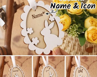 Colgantes de Pascua personalizados de doble capa, etiquetas personalizadas para canastas de Pascua, adornos colgantes de madera, regalos grabados con patrones de conejo, regalos