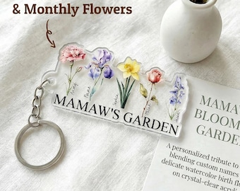 Llavero personalizado con la flor de nacimiento / Llavero con nombres familiares personalizados / Regalo para mamá y abuela / Regalo floral del mes de nacimiento / Regalo para el Día de la Madre