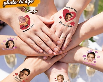 Pegatinas de tatuajes faciales personalizadas / Tatuajes temporales personalizados con foto, nombre, edad y texto / Regalo divertido para despedidas de soltera, cumpleaños o bodas