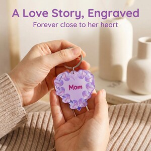 May include: A heart-shaped keychain with the word "Mom" in the center, surrounded by smaller hearts with names. The keychain is held in hands, with the text "A Love Story, Engraved" and "Forever close to her heart" above it.
