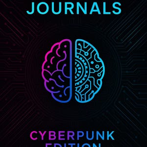 Può includere: Illustrazione digitale per una copertina di diario. Il design presenta un cervello stilizzato diviso a metà, con un lato che ricorda un circuito stampato. Il testo recita "MINDHACK JOURNALS CYBERPUNK EDITION" con lo slogan "COLOR. REFLECT. EXECUTE."