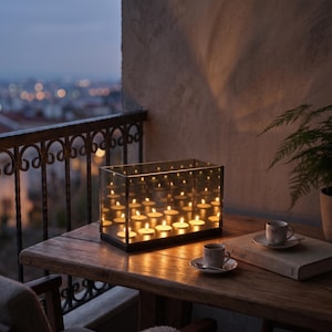 Puede incluir: Un portavelas rectangular de vidrio lleno de velas de té encendidas está sobre una mesa de madera. Dos tazas pequeñas de café y un libro también están sobre la mesa. La escena está ambientada en un balcón.