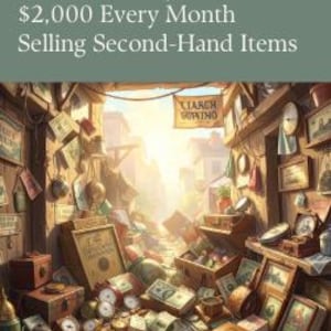 Puede incluir: Una portada de libro titulada A HOW-TO GUIDE The EASY Way to Make $2,000 Every Month Selling Second-Hand Items por Wesley Harden. La ilustración muestra el interior de una tienda de antigüedades llena de objetos vintage, relojes y libros.
