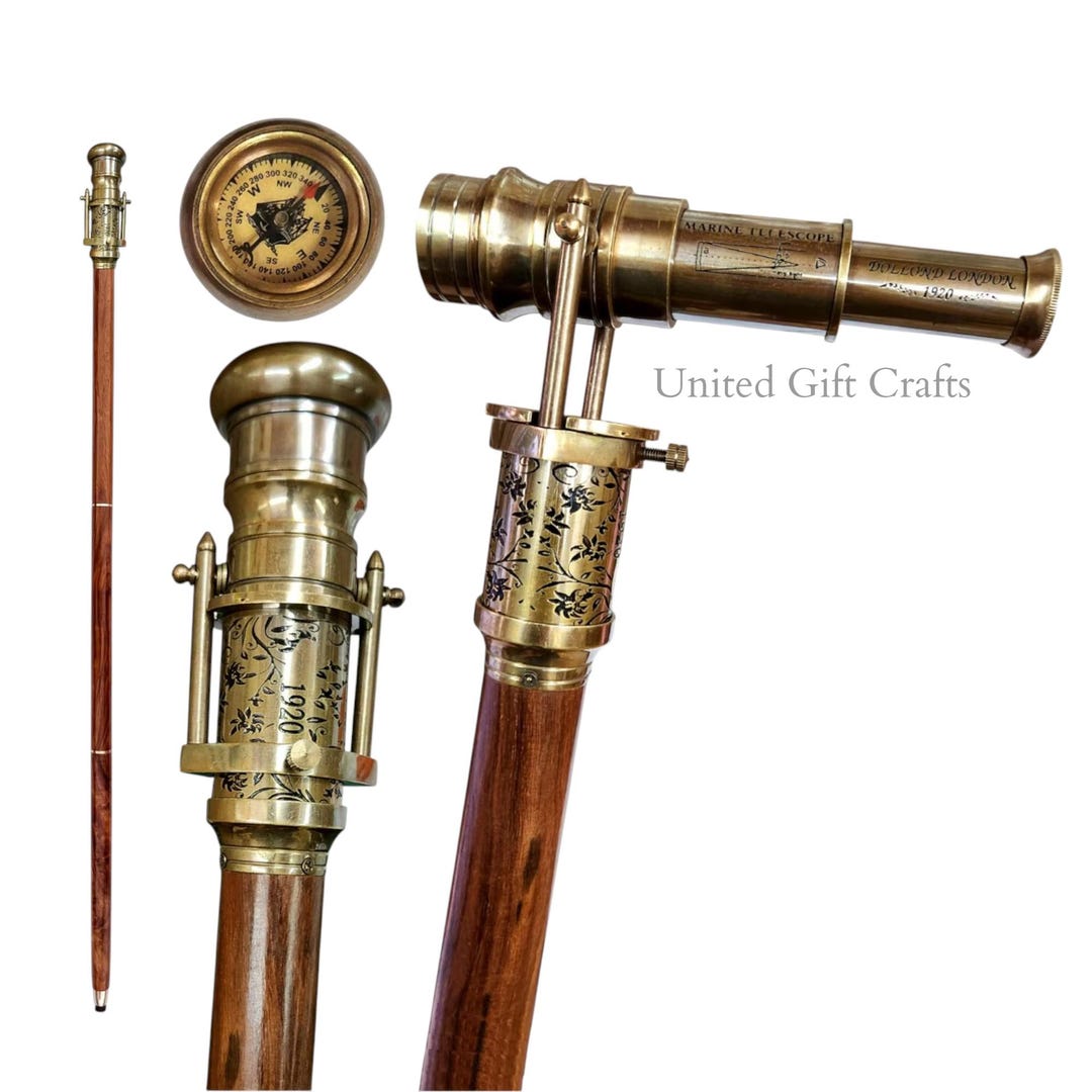 Victorian Brass Walking Cane With Compass & Telescope | Handcrafted ...