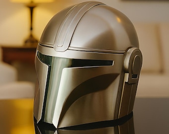 silver Mandalorian helmet made from 18 gauge steel with leather liner. Wearable cosplay armor