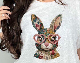 Floral Patchwork Bunny PNG Sublimation Design Cute Easter Rabbit Clip Art Heart Glasses Embroidery Style Digital Download Commercial Use