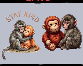 Stay Kind Monkey PNG, Retro Animal Sublimation Design, Vintage Nursery Decor, Cute Chimp Hugging Teddy Bear, Coquette Aesthetic Shirt Wrap