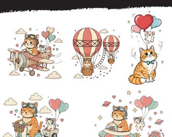 Valentine Cat with Mouse & Heart Balloons Clipart,Cute Orange Tabby Cat PNG,Sublimation Design for Kids Shirt, Whimsical Pet Lover Gift