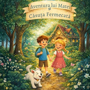 Puede incluir: Ilustración de portada de libro infantil que muestra a dos niños sonriendo caminando de la mano, acompañados por un perro blanco. El fondo presenta una cabaña caprichosa y exuberante vegetación. El título del libro se muestra en una pancarta.