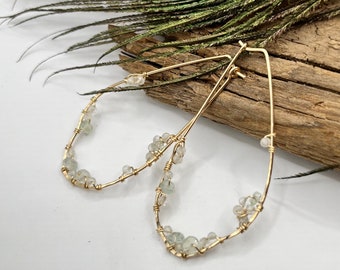 LISA Long Aquamarine Geode Wing Shaped Hoops - Gold Filled Wire Wrapped Gemstone Jewelry