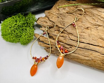 KRISTIN Orange Carnelian Geode Cluster Dewdrop Dangles - 14K Gold Filled Earrings - Sunset Earrings
