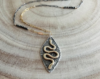 MEDUSA Long Snake Amulet Necklace - Fused Sterling and 14K Gold Fill Mixed Metal Protection Jewelry