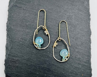 CHERYL Blue Chalcedony and Moonstone Freeform Pebble Geode Dangles - Mixed Metal Wire Wrapped Jewelry