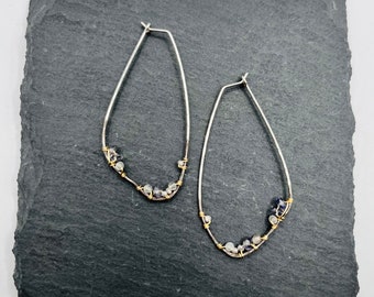 LISA Long Iolite and Moonstone Geode Wing Shaped Hoops - Mixed Metal Wire Wrapped Gemstone Jewelry