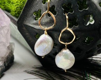 DANI Freshwater Coin Pearl Freeform Dainty Drop Threaders - Recycled Sterling Silver and 14K Gold Filled Boho Jewelry