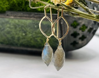 LUNA Labradorite Leaf Drop Threaders - Recycled Sterling Silver and 14K Gold Filled Boho Jewelry