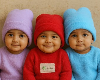 Gorro de lana para bebé • Gorro de invierno hecho a mano con parche de sonrisa