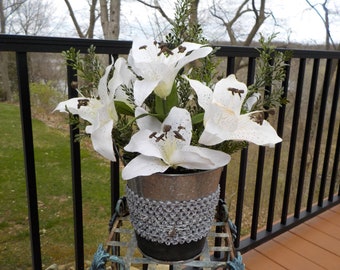 Floral Centerpiece, Lily Flowers, Table Floral Arrangement, Mother's Day Gift, Galvanized Container, Faux Flowers, Greenery, FREE SHIPPING