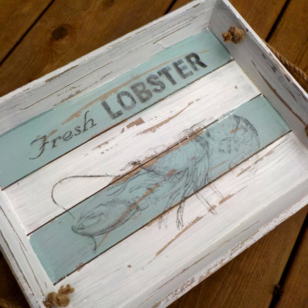 Wood Tray, Wood Crate Tray, Wood Serving Tray, Distressed Wood Tray, Nautical Tray, New England Decor, Beach House Decor, Lobster Tray, Chic