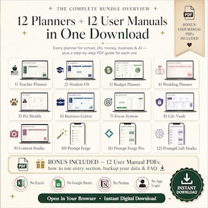 May include: A digital bundle overview featuring 12 planners and 12 user manuals in one download. The graphic displays icons and names for various planners including Teacher, Student, Budget, Wedding, Pet Health, Business, Focus, Life, and AI tools.
