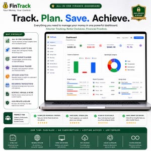 May include: A laptop displaying the FinTrack finance dashboard with charts, income, expenses, and savings data. The interface includes text like Track, Plan, Save, Achieve, and lists features such as budget planning, analytics, and recurring transactions.