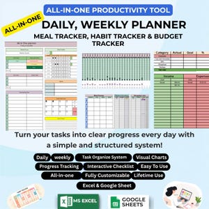May include: An all-in-one productivity tool featuring a daily and weekly planner, meal tracker, habit tracker, and budget tracker. The digital interface includes tables for tasks, expenses, and income, compatible with Microsoft Excel and Google Sheets.