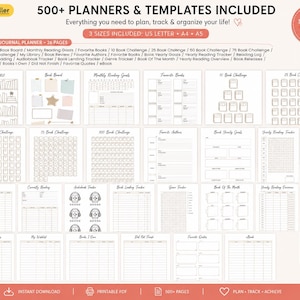 Op de afbeelding: Een digitale collectie van 500+ planners en sjablonen voor leesdagboeken, inclusief US Letter, A4 en A5 formaten. Bevat boekenplanken, prikborden, leesdoelen, boekuitdagingen, trackers en verlanglijstjes met start op zondag of maandag.