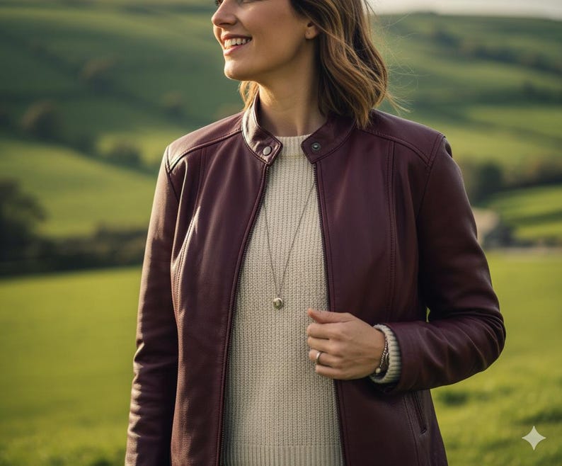 May include: A burgundy leather jacket with a round collar and a silver necklace. The jacket is worn over a cream-colored sweater. The background features green rolling hills.