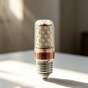 Può includere: Una moderna lampadina a LED con un coperchio cilindrico trasparente. La lampadina presenta una fascia color rame e una base argentata. L'interno contiene numerose piccole luci LED quadrate. Il design generale è elegante e contemporaneo.