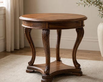 Walnut Round Side Table, Carved Wood End Table, Traditional Sofa Accent Table, Vintage Classic Living Room Table