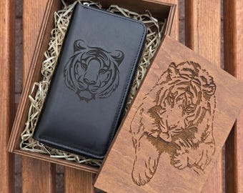 Personalized Mens Long Wallet | Full Grain Leather Zippered Clutch | Custom Slim Bifold Case