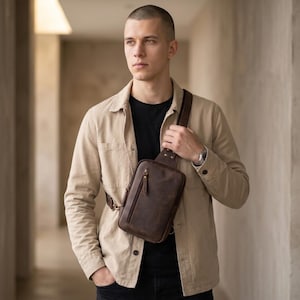 Pode incluir: Uma bolsa tiracolo de couro castanho escuro com formato retangular, apresentando um bolso frontal com zíper, um compartimento principal com fecho de zíper e uma alça de ombro ajustável resistente fixada com rebites de metal.