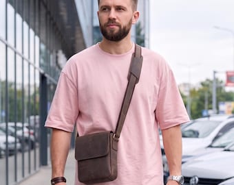 Leather Messenger Bag for Men, Small Crossbody Satchel with Flap, Everyday Travel and Work Accessory