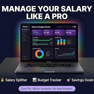 Budgetplanerare digital nedladdning, personlig ekonomispårare i HTML-format, utgiftsspårare, lönefördelare, investeringsinstrumentpanel, nettoförmögenhetsverktyg