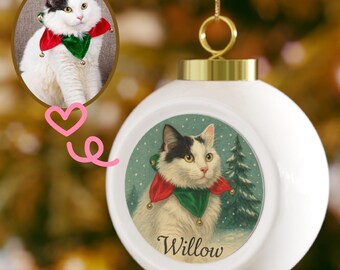 Personalized Cat Portrait Ornament Christmas Ball | Custom Pet Name Holiday Decor