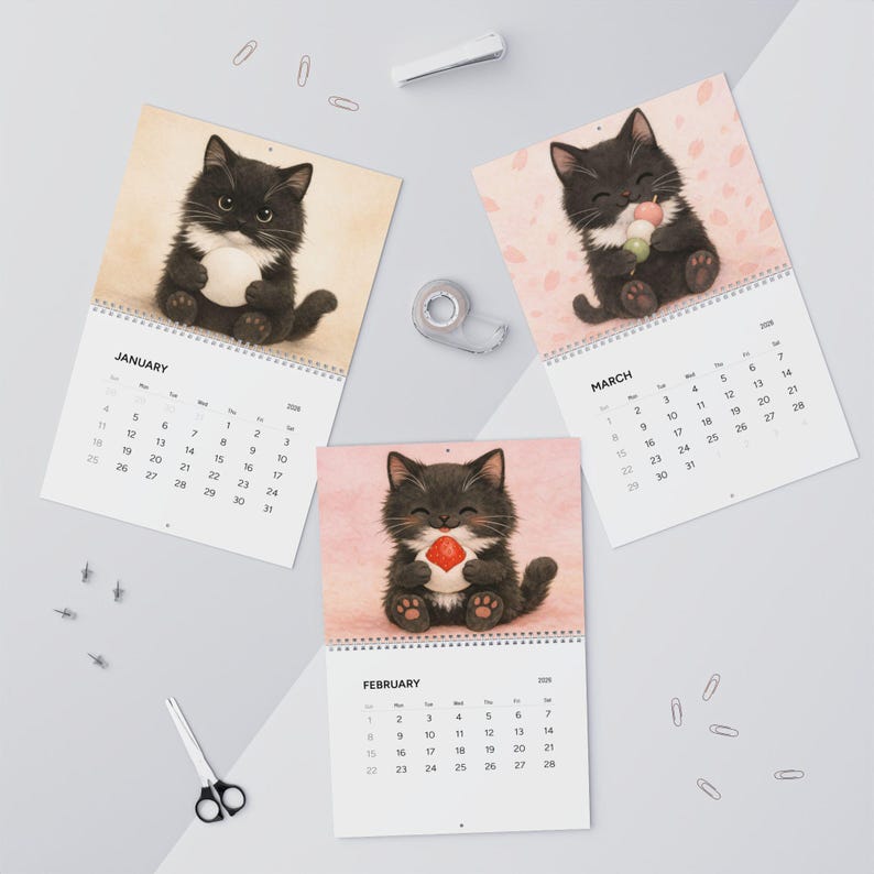 Kawaii Black Cat Sushi Wall Calendar 2026 image 4