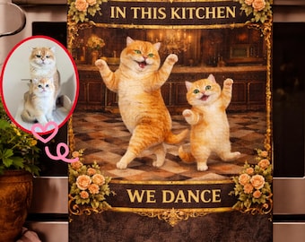 Personalisierte tanzende Katzen Geschirrtuch | Haustier Foto Küchen Dekor, In dieser Küche wir Tanzen, Vintage Blumenrahmen