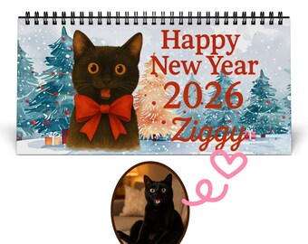 Personalisierter Schreibtischkalender 2026 - Personalisiertes Tierportrait, Schwarze Katze Neujahrsgeschenk