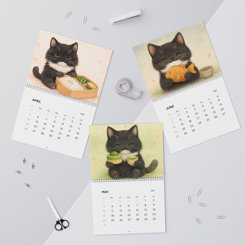 Kawaii Black Cat Sushi Wall Calendar 2026 image 5