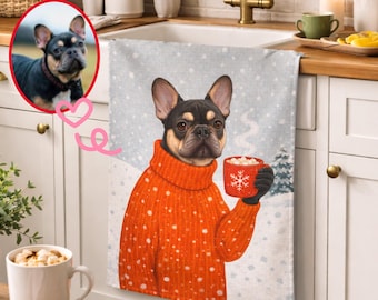 Personalisierung Französische Bulldogge im Roten Pullover Mikrofaser Geschirrtuch | Winter-Schnee-Kakao