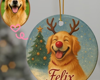 Golden Retriever Reindeer Ornament Runde Keramik Ornament | Personalisierte Namensoption