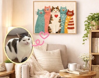 Whimsical Heart Cat Family Canvas Stretched | Personalized Pet Photo Canvas, 10x12 16x12 20x16