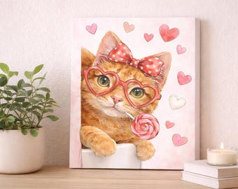 Valentine Cat Canvas Print, Heart Glasses, Lollipop, Whimsical Wall Art