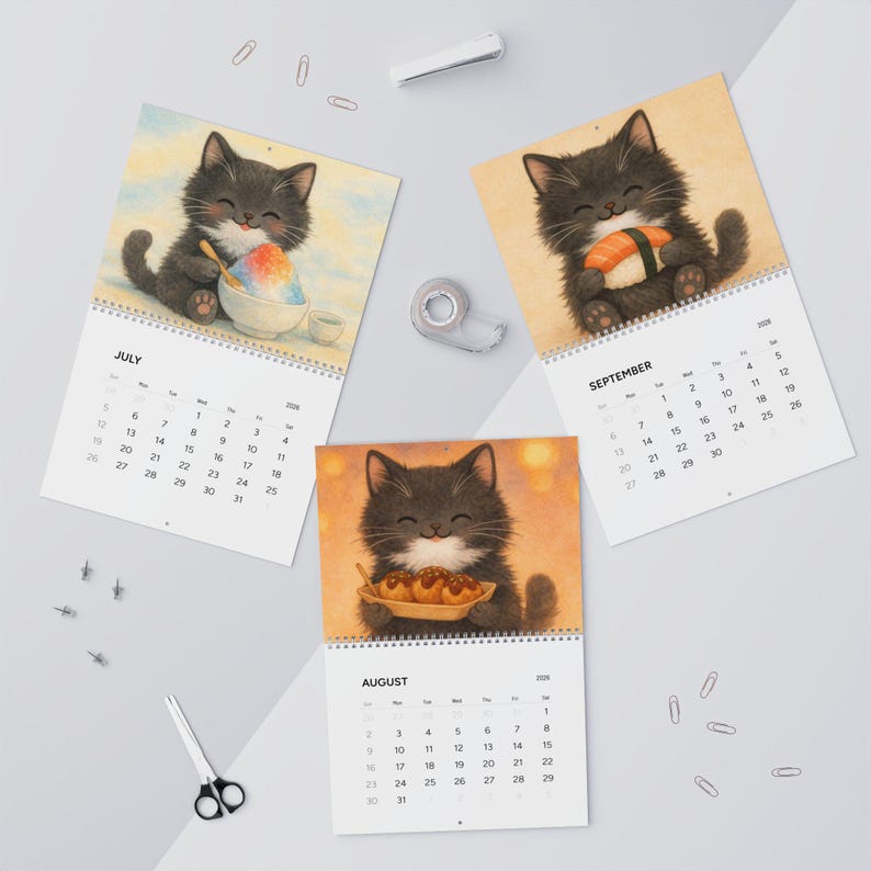Kawaii Black Cat Sushi Wall Calendar 2026 image 6