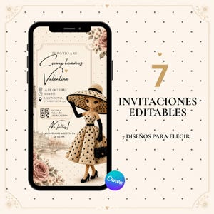 Puede incluir: Una pantalla de smartphone que muestra una plantilla de invitación de cumpleaños digital con una muñeca de ganchillo en un vestido de lunares y sombrero de ala ancha, con texto que incluye 'Te invito a mi cumpleaños Valentina' y '7 invitaciones editables'.