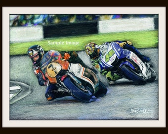 Barry Sheene & Valentino Rossi - MotoGP LARGE A4 A3 or A2 Limited Ed'n Art Print of original drawing from RussellArt