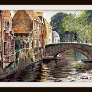 Bruges Reflections Watercolor Landscape LARGE A4 A3 or A2 Limited Edition Art Print by English Artist Stephen Russell of RussellArt image 1