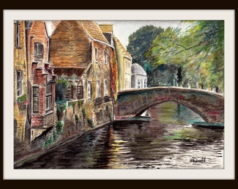 Bruges Reflections - Watercolor Landscape LARGE A4 A3 or A2 Limited Edition Art Print by English Artist Stephen Russell of RussellArt